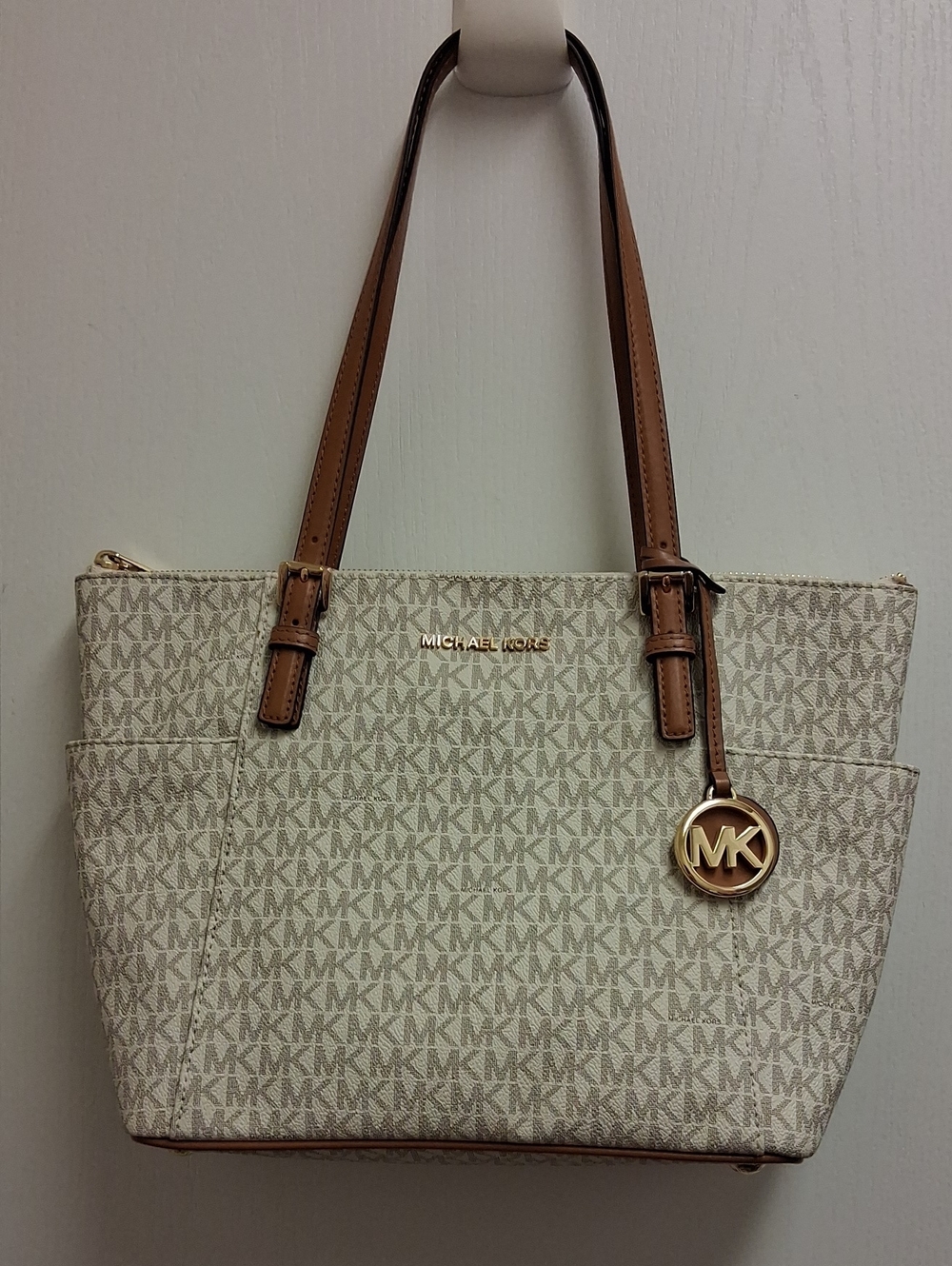 Michael Kors Cream MK Logo Tote with Tan Straps